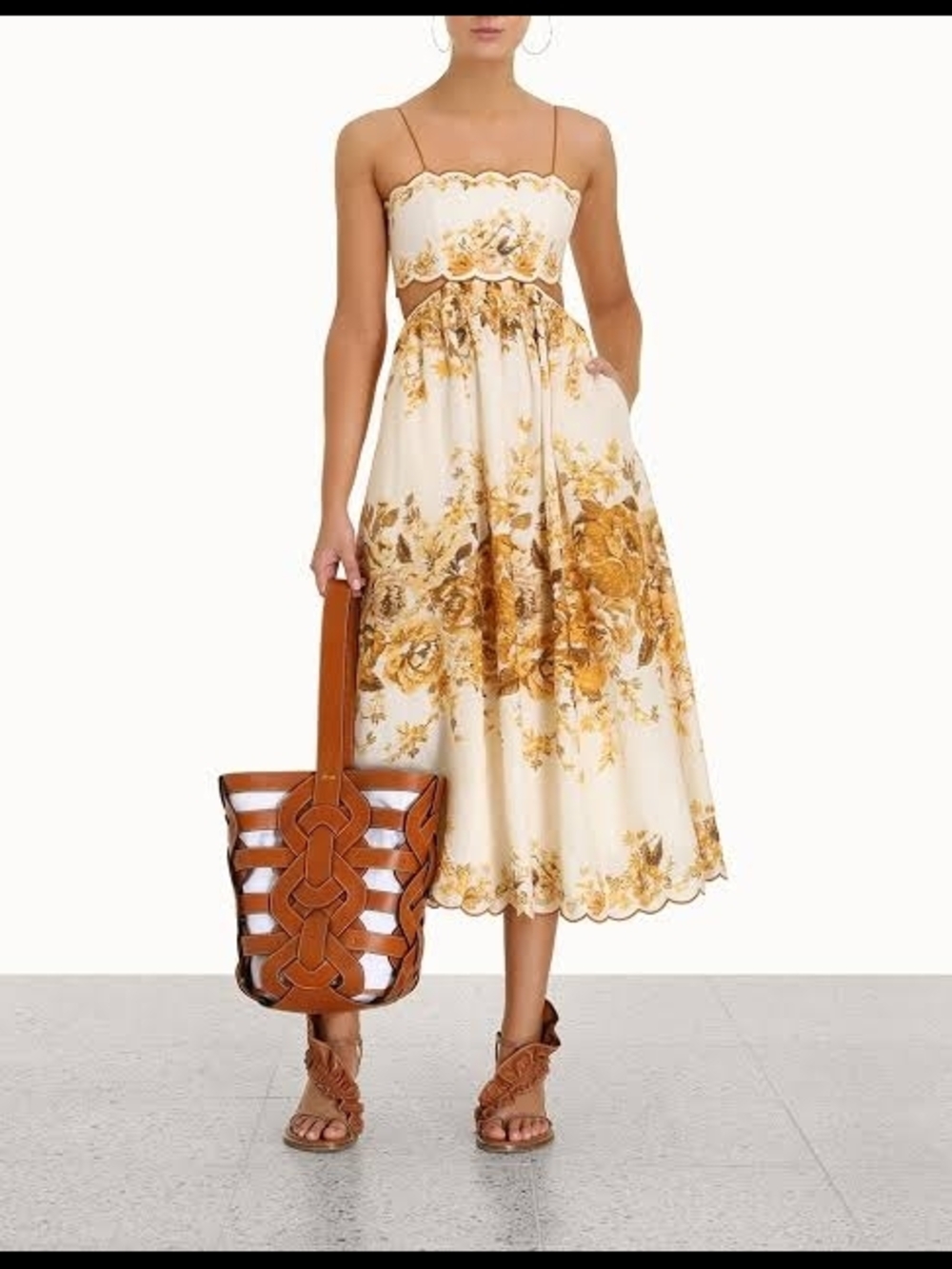 Zimmermann Cream Midi Dress with Mustard Floral Print (Aliane)